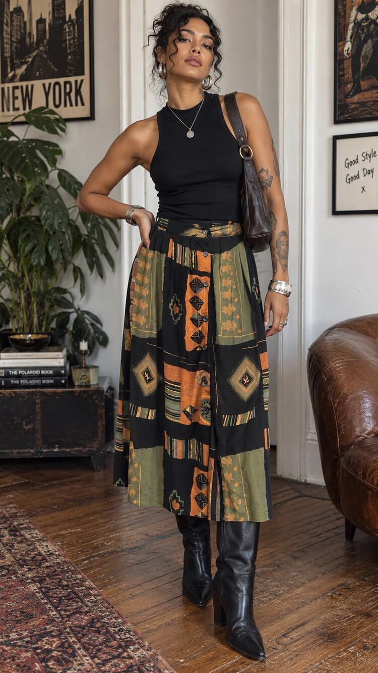 Vintage 90s Abstract Geometric Midi Skirt Artsy Southwestern L
